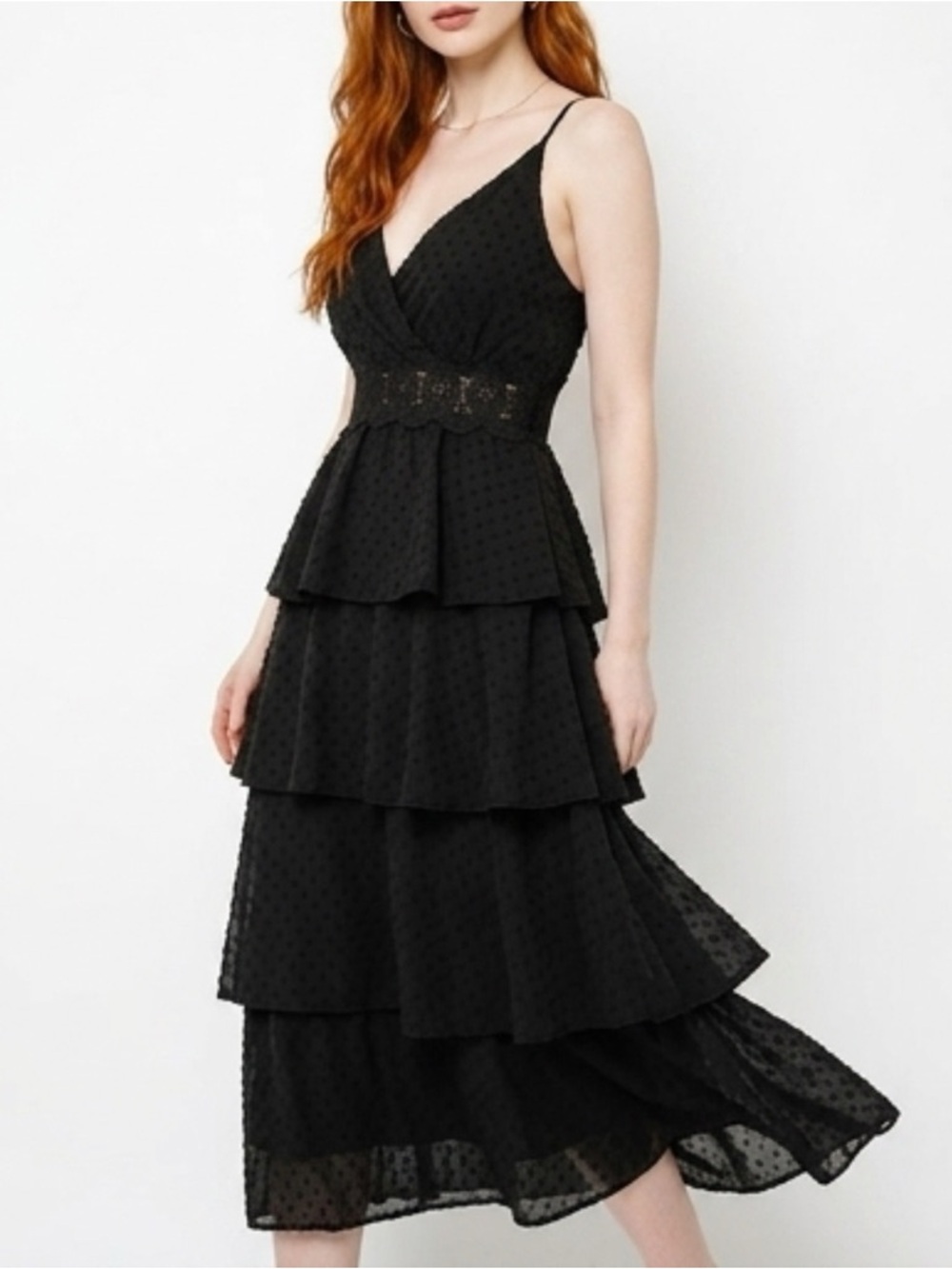 Black Tiered V-Neck Spaghetti Strap Midi Dress